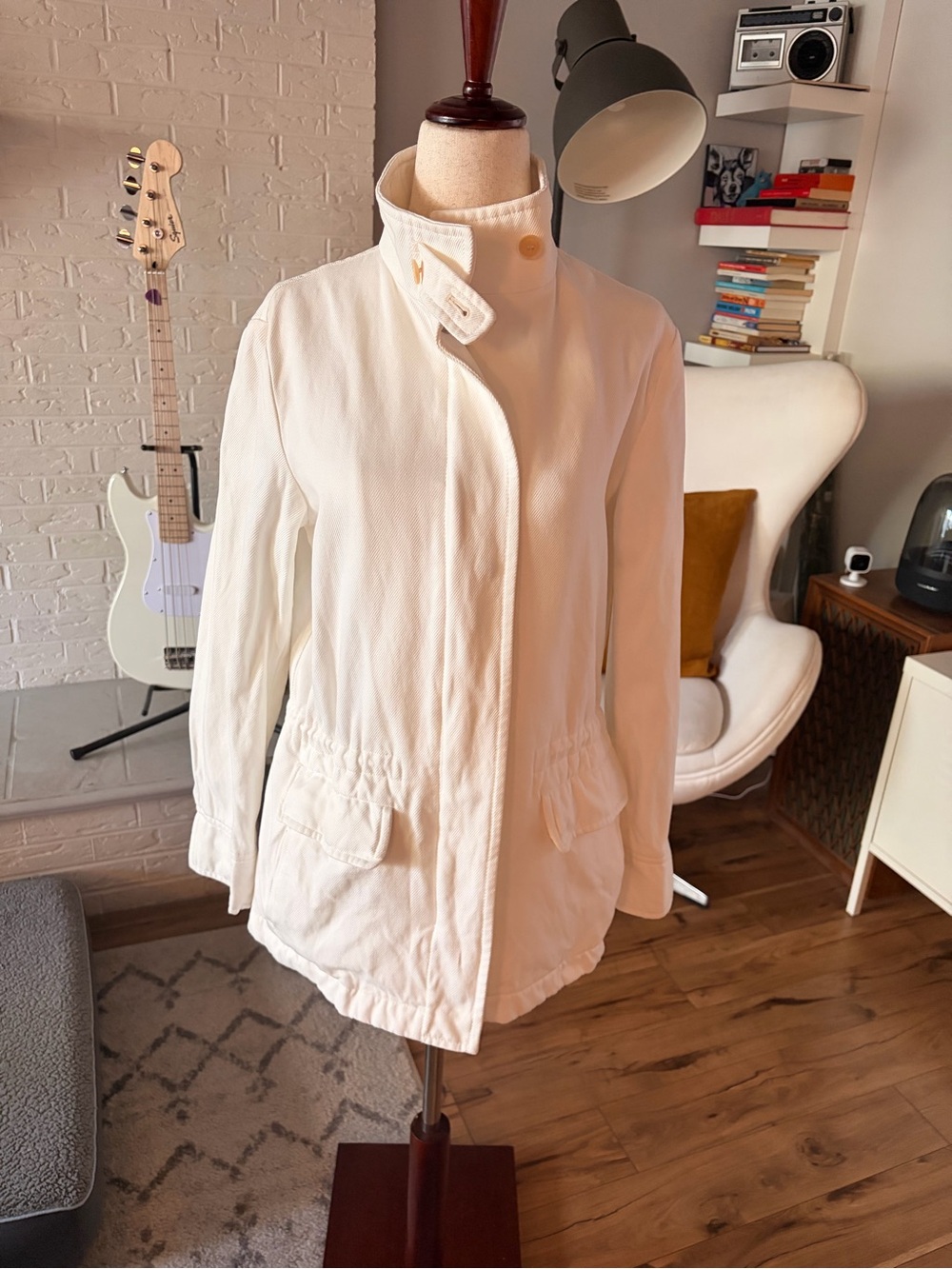 Loro Piana White Cotton Denim Funnel Neck Utility Jacket with Original Tags